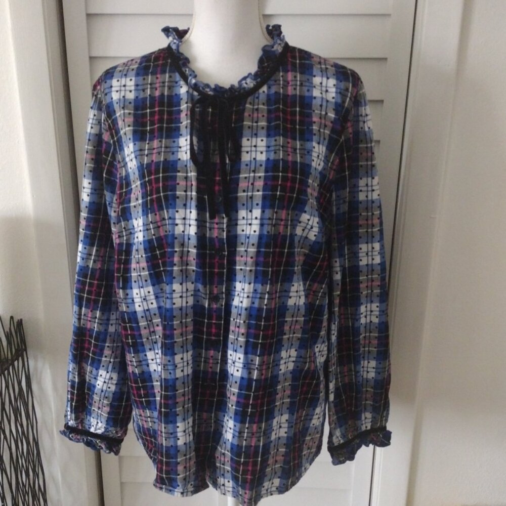 Charter Club long sleeve velvet tie polka dot plaid‎ ruffle sleeve blouse XXL